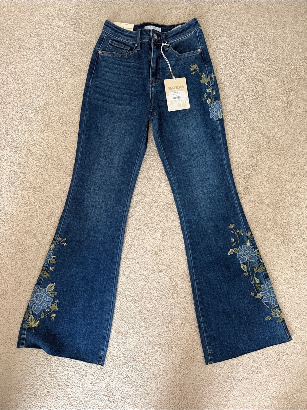 Bayeas Dark Blue Embroidered Flare Jeans
